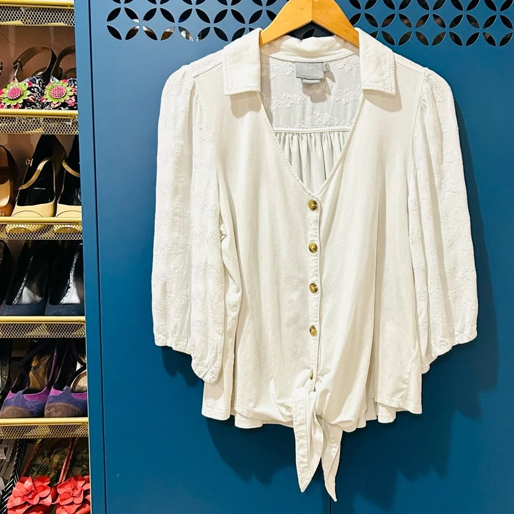 Anthropologie Vanessa Virginia Lorena White Tie-Front Boho Blouse Boho Size L